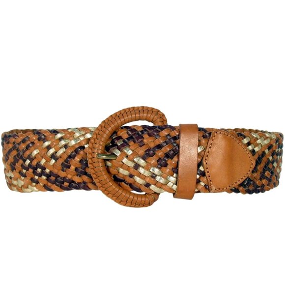 LINEA PELLE Wide Tri-Color Espresso/Cognac/Gold Braided Leather Belt S - Picture 1 of 4